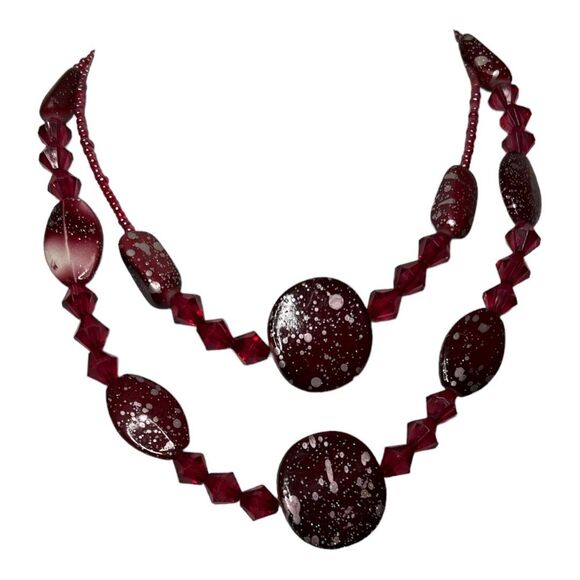 Red Double Strand Necklace Seed Bead Speckled Round Beaded 16” Lobster Claw - Picture 7 of 8